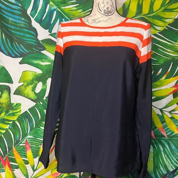 EUC Worthington Medium Navy Blue Red White Stripe Nautical Preppy Classic Blouse - Picture 1 of 8